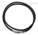 Black braided leather cord necklace wholesale, 925 silver clasp, 3.0mm