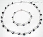 Black twisted freshwater pearl necklace & bracelet set on sale, 6-7mm