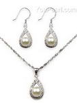 Freshwater pearl bridal pendant and earrings set, 925 silver, 7-8mm