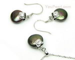 Black coin freshwater pearl jewelry set, sterling silver, 12-13mm wholesale