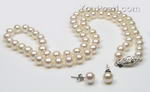 White round freshwater pearl necklace & earring studs set, AAA 6-7mm