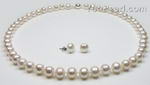 White potato freshwater pearl necklace & earring studs set, AA 8-9mm