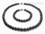 Black round cultured pearl necklace bracelet set bulk sale, A+ 8.5-9.5mm