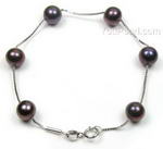 Sterling tin cup off-round black fresh water pearl bracelet, 7-8mm