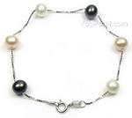 Multicolor sterling tin cup off-round freshwater pearl bracelet, 7-8mm