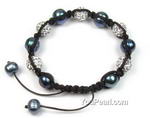 Peacock black freshwater pearl shamballa crystal ball bracelet, 10mm