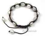 White freshwater pearl shamballa crystal ball bracelet wholesale, 10mm
