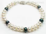 White & black cultured button pearl bracelet discounted sale, 7-8mm