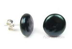 Freshwater black coin pearl stud earrings sale, 925 silver, 11-13mm