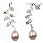 Lavender cultured pearl stud leaf earrings, sterling silver, 7-8mm