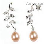 Pink freshwater pearl stud leaf earrings, sterling silver, 7-8mm