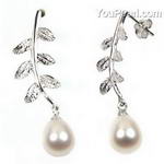 White freshwater pearl stud leaf earrings wholesale, 925 silver, 7-8mm