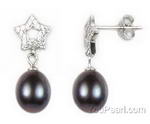Black cultured pearl drop star earrings, sterling silver, 7-8mm