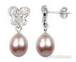 Lavender fresh water teardrop pearl earrings, sterling silver, 7-8mm