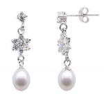Sterling silver freshwater pearl drop star earrings wholesale, 7-8mm