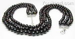 Triple strand black freshwater pearl necklace wholesale, 7-8mm