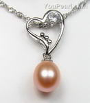 Pink fresh water pearl heart pendant online sale, sterling silver, 7-8mm