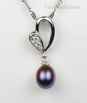 Fresh water black pearl love pendant for sale, sterling silver, 7-8mm