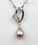 Freshwater pearl lavender heart pendant on sale, 925 silver, 7-8mm