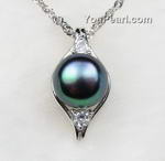 Black freshwater pearl pendant wholesale, sterling silver, 9-10mm