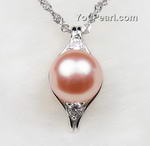 Pink freshwater pearl pendant, 925 silver wholesale, 9-10mm