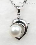 White cultured pearl dolphin pendant for sale, sterling silver, 6-7mm
