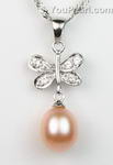 Freshwater pearl pink butterfly pendant on sale, sterling silver, 7-8mm