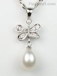 Cultured white pearl butterfly pendant for sale, 925 silver, 7-8mm
