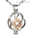 Sterling cage freshwater pink wish pearl pendant wholesale, 7-8mm