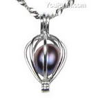 Sterling silver black wish pearl pendant, heart cage, 7-8mm