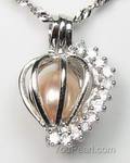 Silver freshwater pink wish pearl love heart cage pendant direct buy, 7-8mm