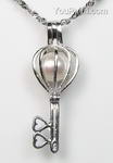 Sterling key cage white freshwater wish pearl pendant wholesale, 7-8mm