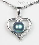 Heart 925 silver black freshwater pearl pendant buy bulk, 7-8mm