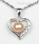 Heart pink cultured pearl pendant on sale, 7-8mm, 925 silver