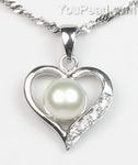 Sterling heart pendant with white freshwater pearl wholesale, 7-8mm
