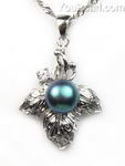 Black freshwater pearl leaf pendant wholesale, 925 silver, 8-9mm
