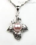 Sterling silver leaf pendant of lavender cultured pearl on sale, 8-9mm