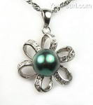 Freshwater black pearl flower pendant sale online, 925 silver, 9-10mm