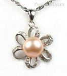 Pink cultured pearl flower pendant buy bulk, sterling silver, 9-10mm