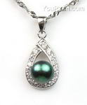 Black cultured pearl pendant for sale, 925 sterling silver, 7-8mm