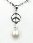 Peace symbol sterling silver white pearl pendant wholesale, 7-8mm