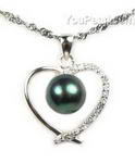Fresh water black cultured heart pearl sterling silver pendant, 8-9mm