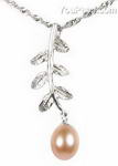 Freshwater pearl pink leaf pendant on sale, sterling silver, 7-8mm