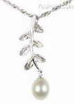 Cultured white pearl leaf pendant for sale, 925 silver, 7-8mm