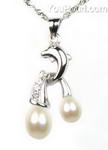 White twin pearl dolphin pendant wholesale, sterling silver, 6-8mm