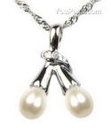 White freshwater twin pearl pendant wholesale, sterling silver, 7-8mm