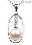 Freshwater cultured white pearl, 925 sterling silver pendant, 9-10mm