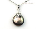 Black coin freshwater pearl pendant, sterling silver, 12-13mm wholesale