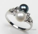 5-6mm black n white fresh water pearl ring bulk sale, 925 silver, US size 6