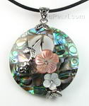 Abalone mosaic round shell pendant with flower branch for sale